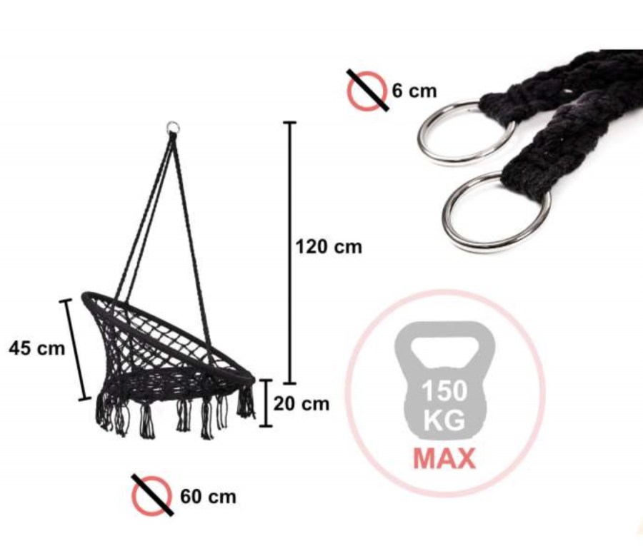 LUARO hängstol fågelbo med dyna – svart 80 cm, upp till 150 kg